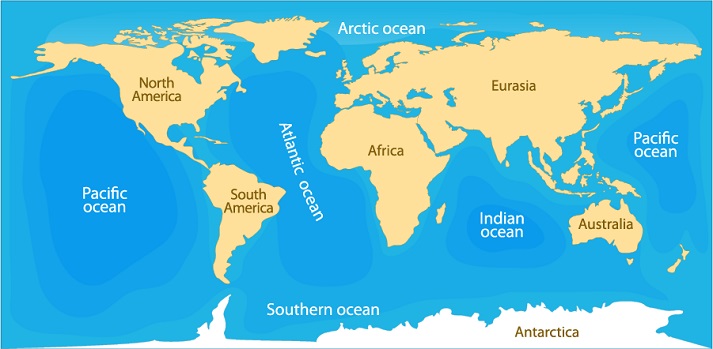 world map showing the 5 oceans